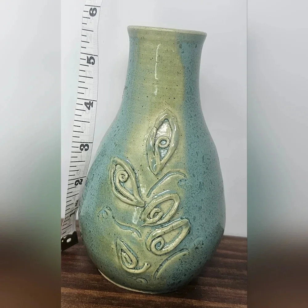 Handmade Pottery Vase Signed By Lana? Green Blue Textured Floral Detailed 6x3